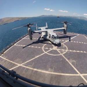 US Navy dry cargo ship conducts MV-22 flight trials